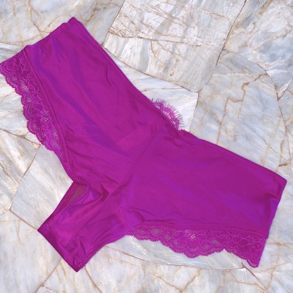 New VERY SEXY Micro Lace Inset Cheeky Bikini Satin Silky Pink Panty XS - Picture 8 of 9